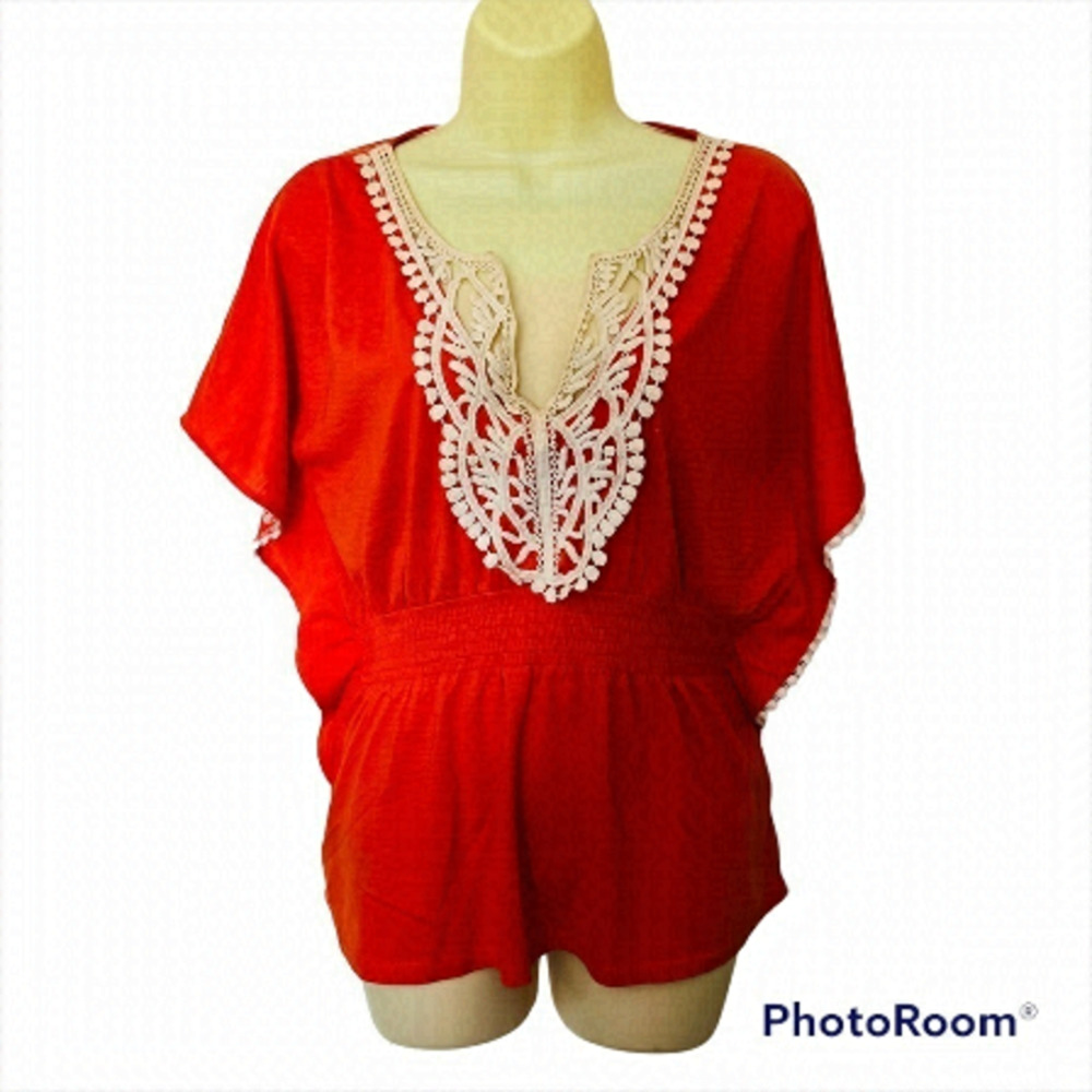 𝅺streetwear Casual Summer Boho embroidered orange Top, Size Large